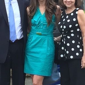 Express Green Pleated Ruffle pin Stripe Dress Green teal aqua ruffle belt pocket